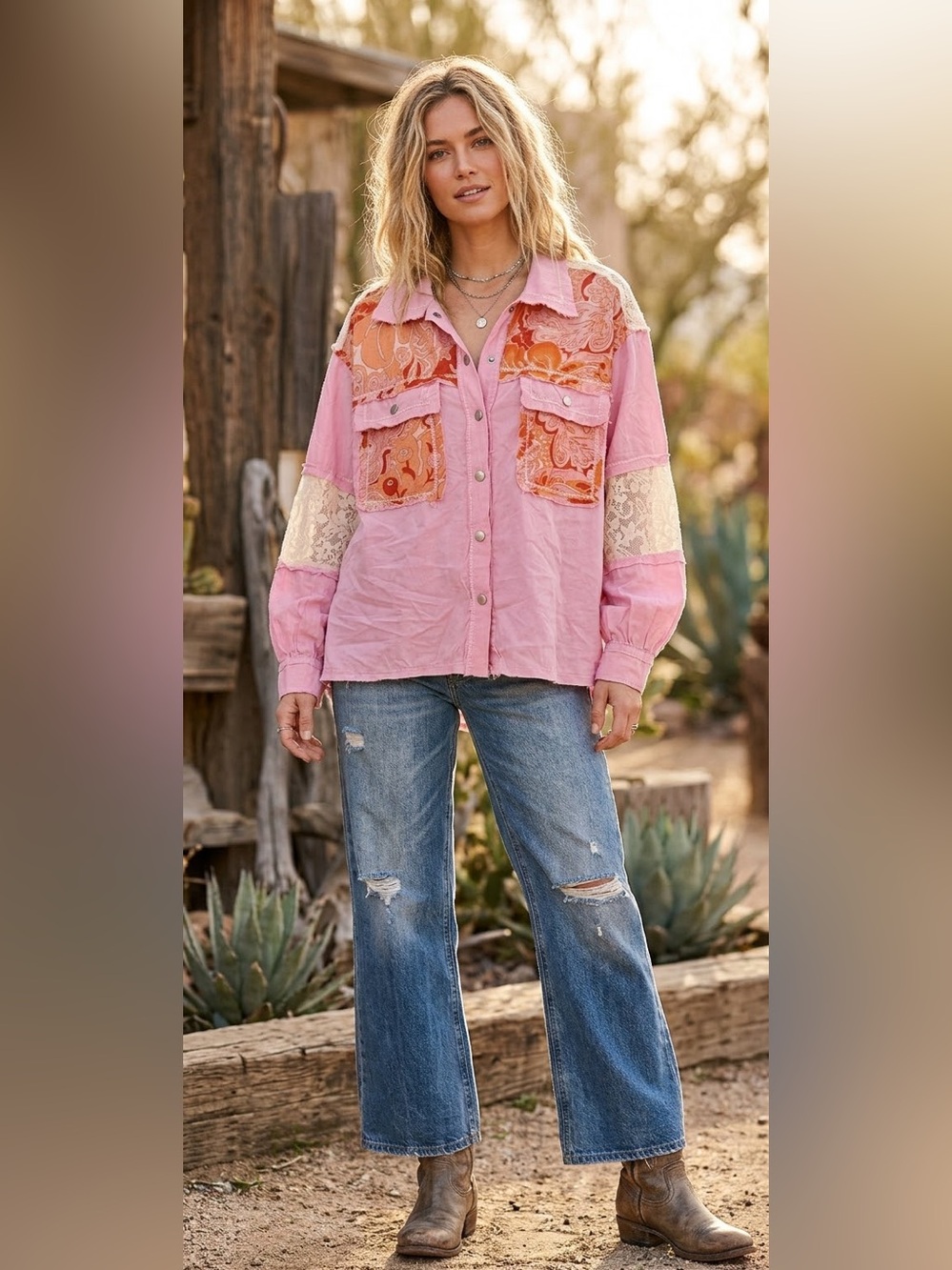 POL Pink Patchwork Lace-Trim Button Jacket